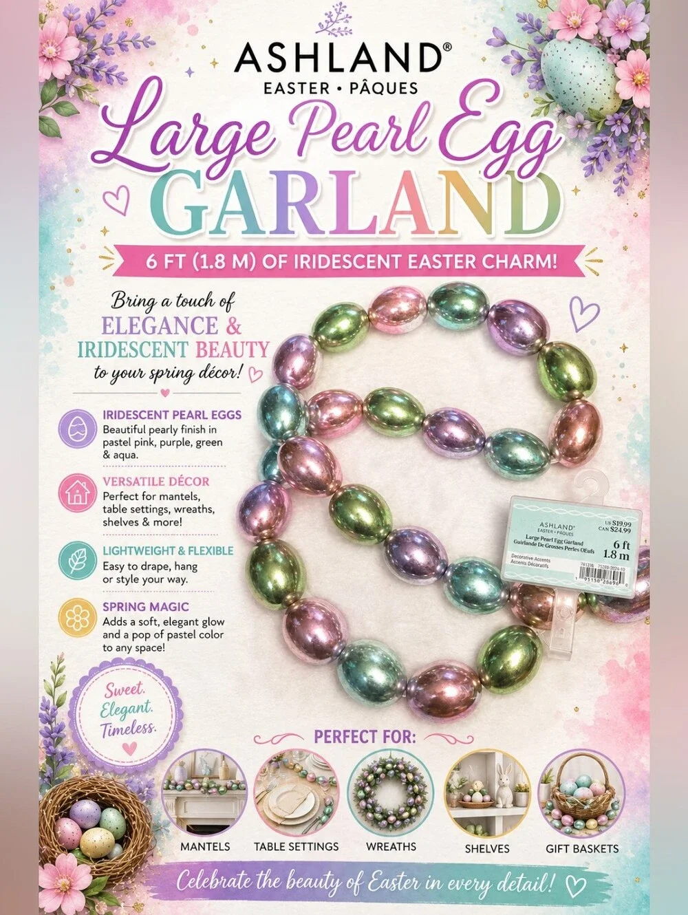 🌞Ashland Iridescent Pastel Pearl Egg Garland in Pink, Purple, Green, Aqua 6ft.